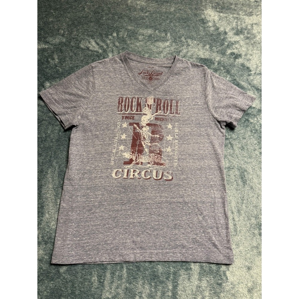 Lucky Brand Rock n Roll Circus Graphic T-Shirt Blue V-Neck Mens Medium Slim Fit